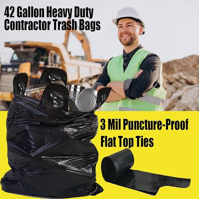 Contractor Heavy Duty Trash Bags 42 Gallon | 26 Count | 3 MIL | 32.8 X 46 | Large Black Flap Tie Construction Garbage Bags for Business Home Commercial Industrial Storage Outdoor
