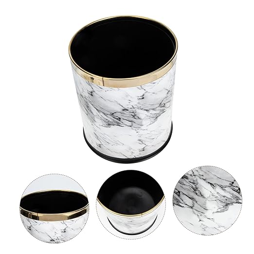 Marbling Wastebasket Plastic Trash Bin Round Lidless Non Slip Base for Bathroom Kitchen Bedroom Office Home Use
