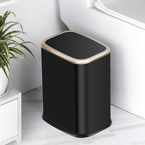 2 Gallon Small Office Bathroom Trash Can with Swing LidLiving Room Bedroom Garbage can Wastebasket binInner Bucket Metal Decor Trash Can (Black Gold)