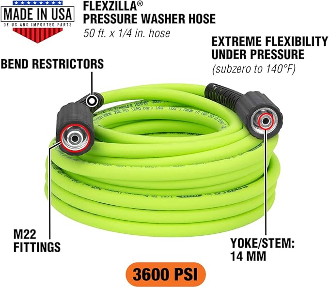 Flexzilla HFZPW36450M-E 3600 PSI 50' Pressure Washer Hose 1/4 in. x 50 ft ZillaGreen