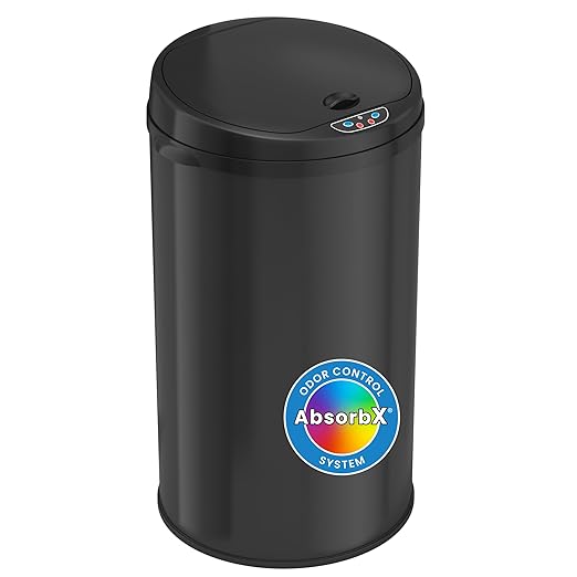 iTouchless 8 Gallon Sensor Trash Can with Odor Filter System 30 Liter Round Black Steel Garbage Bin Perfect for Home Kitchen Office
