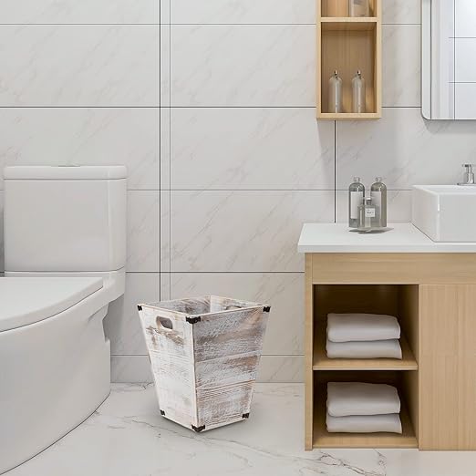 VERGOODR Farmhouse Style Wooden Square Trash Can with Cutout Handles Decorative Metal Wastebaskets for BedroomLiving Room Bathroom &amp OfficeWaste Bin Trash bin