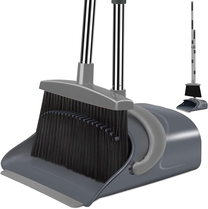 Broom and Dustpan Set Dust pan with Long Handle Broom with Dustpan Combo Set Broom and Dustpan for Home Indoor or Outdoor Cleaning Tool (Deep Gray&ampLight Gray)