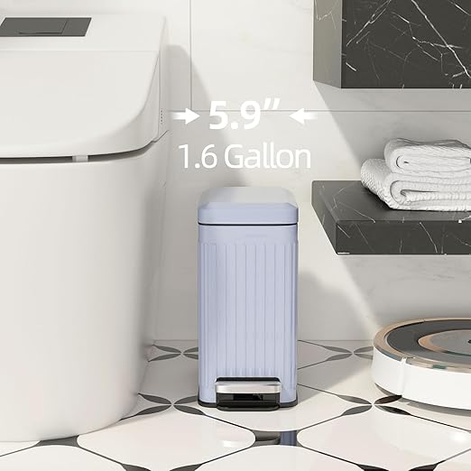 Slim Bathroom Trash Can with Lid Soft Close 1.6 Gallon Stainless Steel Garbage Can with Removable Inner Bucket Durable Step Pedal Small Trash Bins for Toilet Bedroom Kitchen Grey