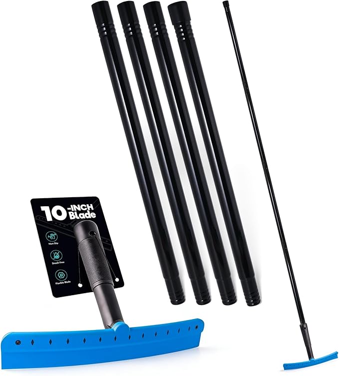 FOSHIO TPU Squeegee 10-Inch Blade with 4 Extension Poles (Extends up to 63 Inches) Anti-Slip Grip Handle Rubber Squeegee Streak-Free Cleaning for Car Windows Shower Doors Mirrors Glass