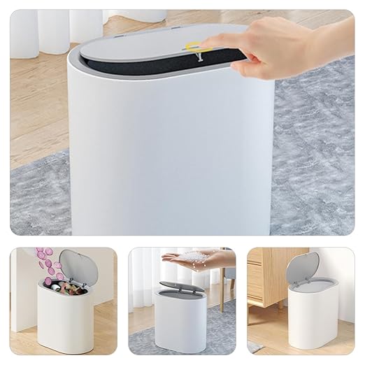 8l Large Capacity Trash Can with Press Lid Grey-White Plastic Wastebasket for Bathroom Kitchen Bedroom Narrow Space Use