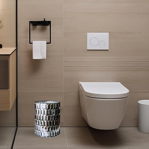 Escenzy Modern Bathroom Trash Can Mosaic Glass 6L | Decorative Small Garbage Can | 8 x 10 | Luxury Waste Basket for Restroom Office Bedroom &amp Kitchen | Shiny Black and Gold Bathroom Accessorie