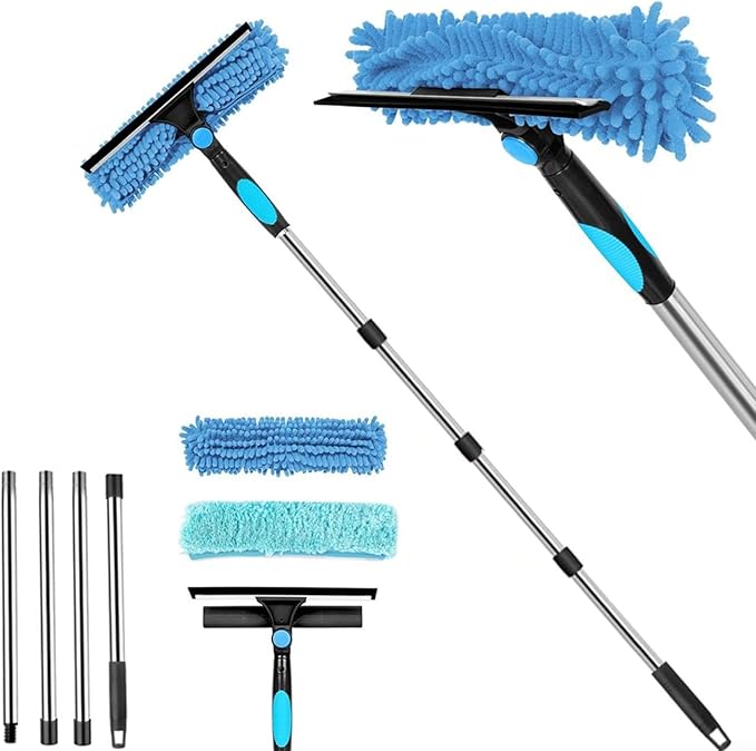 Double-Sided Window Cleaning Tool for Glass Surfaces High-Rise Reach Scraper with Stainless Steel Blade Ergonomic Handle for Easy Use 41 x 14 x 6 cm Silver and Blue(A)