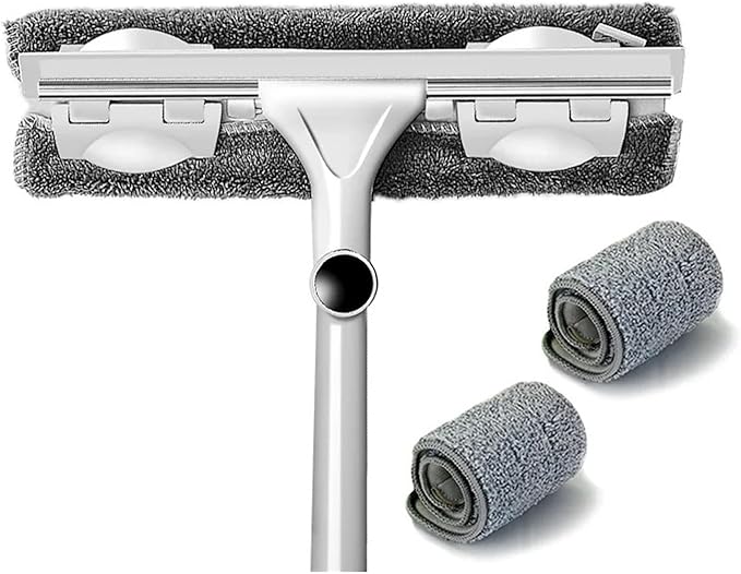 Telescopic Rod Glass Cleaning Mop – Long Handle Window Wiper &amp Washer Tool with Brush Head for Household Use(Gray 1 mop 3 Cloth)