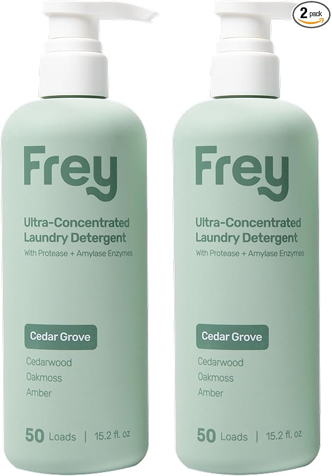 FREY Concentrated Liquid Laundry Detergent | Formulated for Sensitive Skin &amp HE Washers | Removes Stains Effectively | 50 Loads per Bottle (2-pack Cedar Grove)