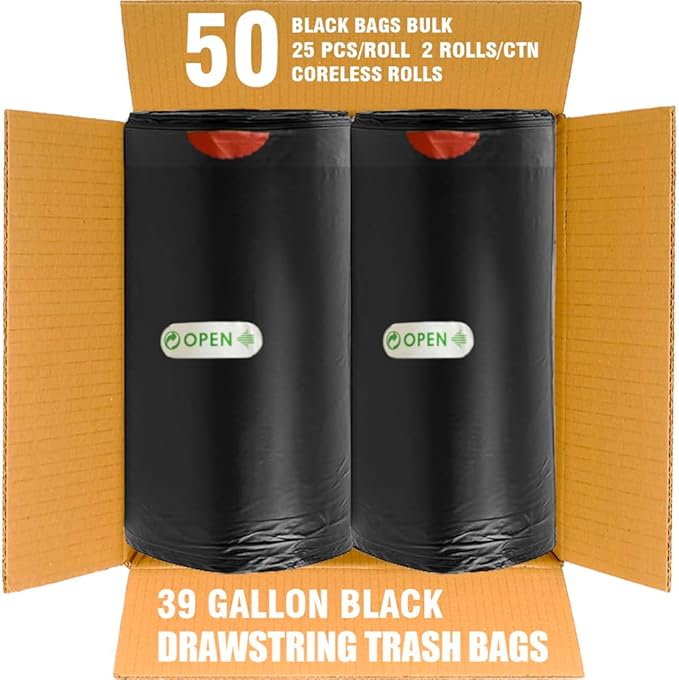 39 Gallon Lawn &amp Leaf Trash Bags Drawstring 50 Count Heavy Duty Black &amp Unscented Plastic Bags Multi-purpose Garbage Bags for Home Commercial Outdoor Construction Industrial
