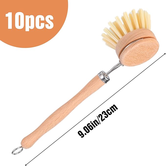 10 Pack Fiber Bristle 2-Inch All-Purpose Kitchen Dish Scrub Brush with Beechwood Handle - Dish Brush with Hooked Handle for Pots Pans and Kitchen Utensils - Made in Germany