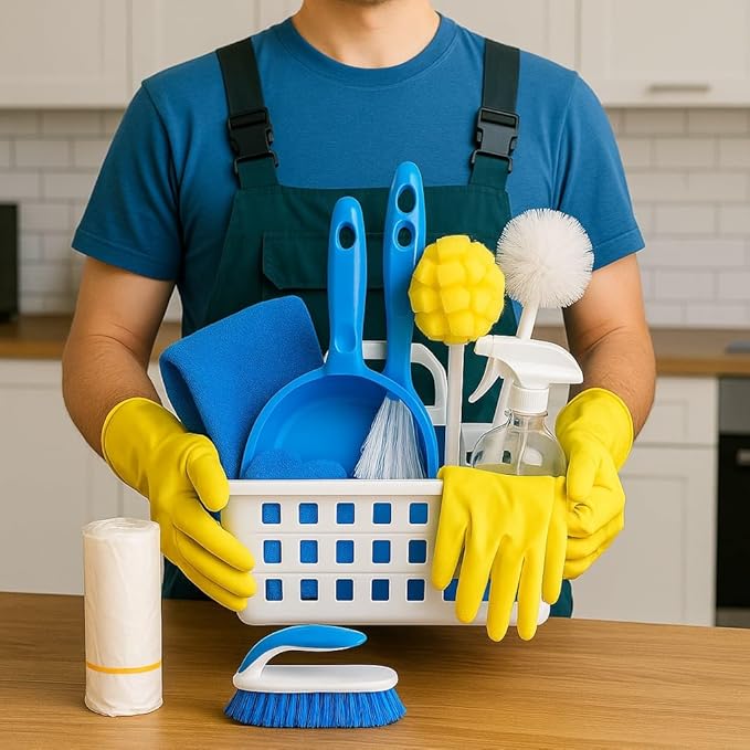Total Clean Starter Kit – 10-Piece Cleaning Caddy Set for Home Apartments Dorms &amp Janitorial Use – Includes Cloths Gloves Brushes Spray Bottle Trash Bags Dustpan