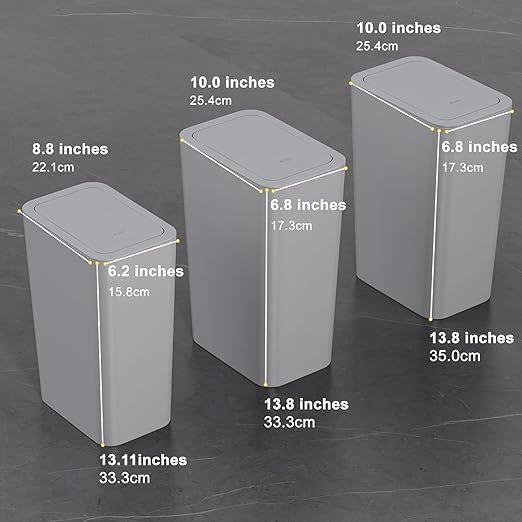 N. NETDOT Bathroom Trash Can with Lid 3 Pack Set 2 Packs 4 Gal Slim Kitchen Trash Can and 1 Pack 2.6Gal Garbage Can Small Trash Bin/Waste Basket for Bedroom (Grey Pack of 3)