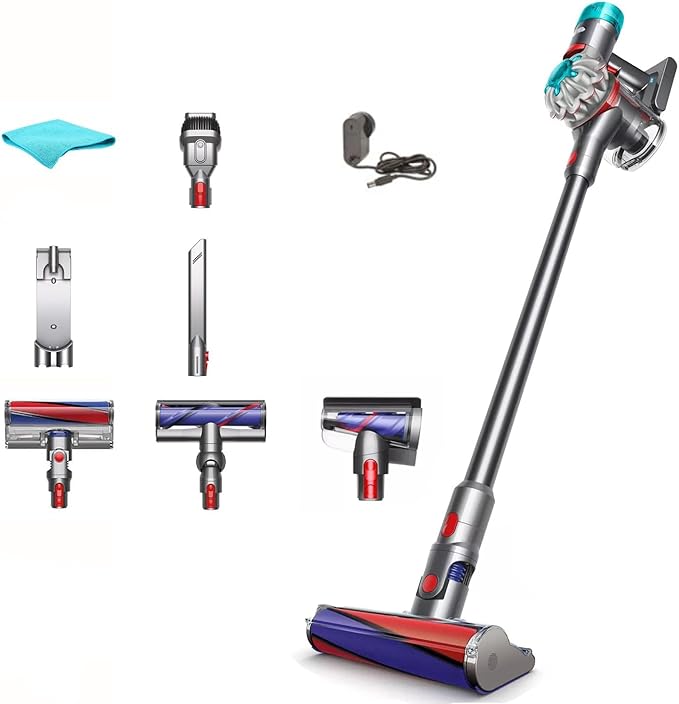 Dyson V8 Absolute Cordless Vacuum Cleaner HEPA Filter Rotating Brushes Bagless Battery Operated Up to 40 Min Runtime Silver with 5AVE Microfiber Cloth