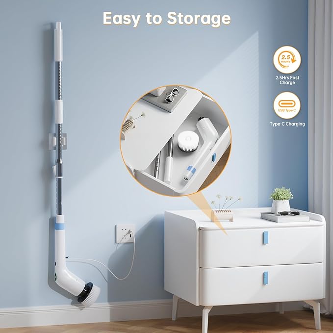 Electric Spin Scrubber Cordless Shower Scrubber with 8 Scrub Brush 2 Speed with Adjustable Extension Handle Battery Level Display Power Scrubber for Bathroom Bathtub Tile Floor White