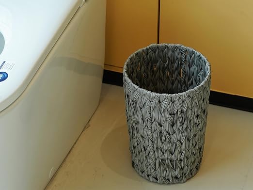Wicker Trash CanSmall Bathroom Trash CanWaterproof Wicker Waste Basket for BathroomHandwoven Wastebasket for Office2 Gallon Grey Round