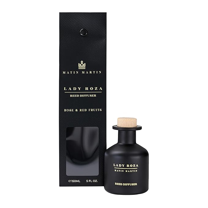 Matin Martin Lady Roza Reed Diffuser 5 oz - Luxury Aromatherapy with Rose &amp Red Fruits - Home Decor Gift for Bedroom Office Living Room Bathroom - Long Lasting Scent with Premium Fragrance Stic