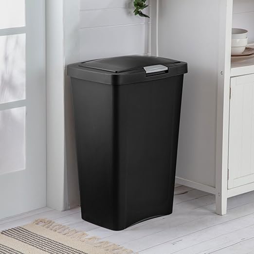 Sterilite 13 Gallon TouchTop Narrow Plastic Wastebasket with Secure Titanium Latch for Kitchen Bathroom and Office Use Black (8 Pack)