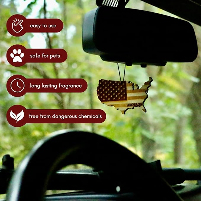 Arotags Reusable Wood Car Air Freshener Cool Breeze Scent USA Flag Design Hanging Diffuser with Fragrance Oil Refill