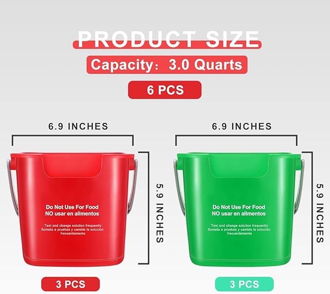 Roshtia 6 Pcs 3 Quart Cleaning Bucket Small Sanitizing Square Bucket Detergent Pail for Home Commercial Restaurant Kitchen Office School (Green Red)