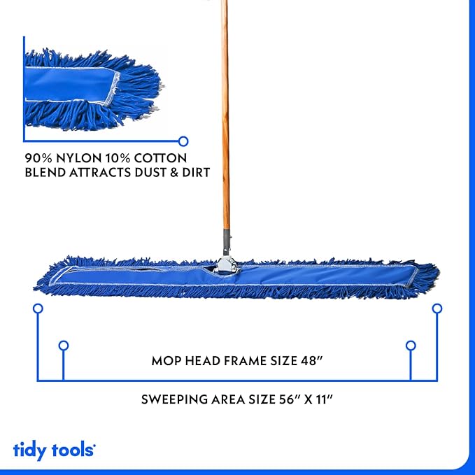 Commercial Floor Sweeper 48 in. Reusable Mop Head Wooden Handle Industrial Dry Mop for Hardwood Floors Blue