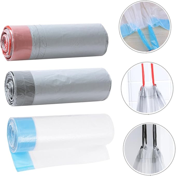 VILLCASE Disposable Drawstring Trash Bags 90pcs Portable Rubbish Bags with Handles Gray and White Color Mixed Suitable for Kitchen and Bathroom Waste Disposal Random Color