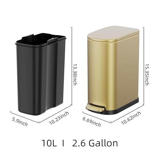 2.6 Gallon Slim Bathroom Trash Can with Soft Close Foot Pedal 10L Stainless Steel Garbage Can with Removable Liner Bucket for Narrow Spaces Bedroom Gold