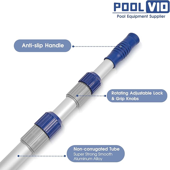 Poolvio 12 FT Telescopic Swimming Pool Pole - Adjustable 2 Piece Aluminum Pool Pole for Pool Cleaning Skimmer Nets Vacuum Heads &amp Brushes Strong Grip &amp Lock