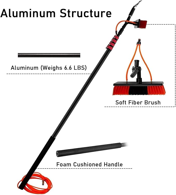 Water Fed Pole Outdoor Window CleanerWater Fed Brush W/Squeegee Window Cleaning Solutionwith Extension Polefor Indoor/Outdoor Glass7.2m/24FT(with Scraper)35cmbrushhead-10.8M/36FT