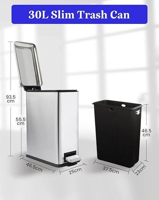 8 Gallon Kitchen Trash Can Stainless Steel Step Pedal Trash Can with Inner Bucket Soft Close Lid and Stays Open for Apartments RVs Dorms Offices or Bathrooms