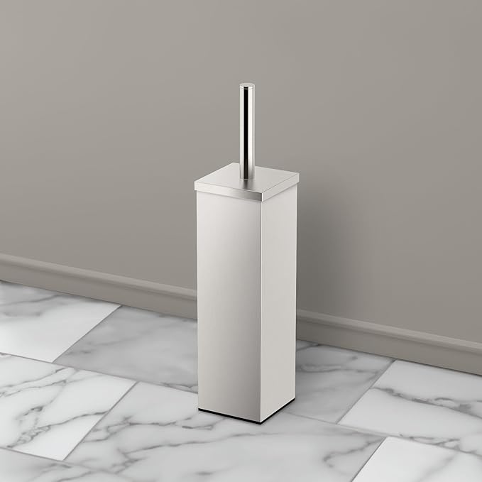 Gatco Small Bathroom Trash Can with Lid and Toilet Brush Set Square 3 Gallon Stainless Steel Wastebasket Under Sink Satin Nickel for Bathroom Bedroom Office (2971)