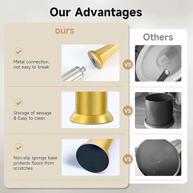 Brass Toilet Brush and HolderExtra Long Handled Gold Toilet Brush for BathroomStainless Steel Heavy Duty Toilet Bowl BrushDeep Cleaning Modern Toilet Cleaner Brush -Space Saving Covered Brush