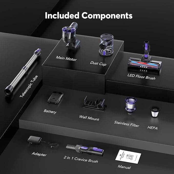 Cordless Vacuum Cleaner for Home 80000PRM Powerful 4 in 1 Lightweight Stick Vacuum with 2 Adjustable Suctions 2600mAh Rechargeable Vacuum CleanersMax 40 Mins Runtime (Deep Purple)