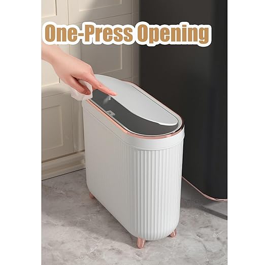 Yatmung Small Bathroom Trash Can with Lid - Slim Decorative Garbage Can - Press-Top Trash Bin for Bedroom Home Office Narrow Space Plastic - 12 Liter Waste Paper Basket - White with Rose Gold Legs