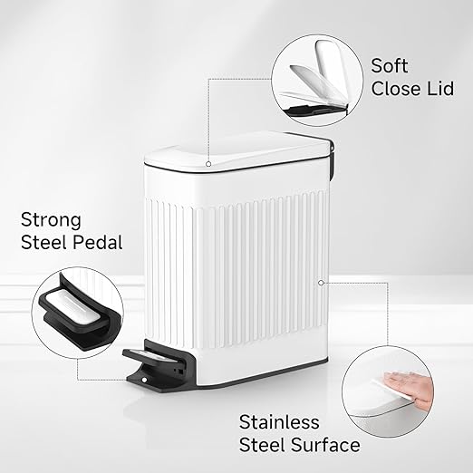 TIPGO Slim Bathroom Trash Can with Lid Soft Close Step Pedal 6 Liter / 1.6 Gallon Stainless Steel Trash Bin Small Garbage Cans for Bedroom Office Kitchen (White)