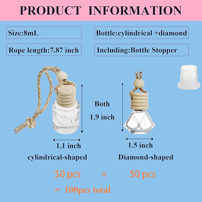 100pcs 8ml Hanging Car Air Freshener Diffuser Car Diffuser BottlesEmpty Refillable Clear Glass Essential Oil Fragrance Perfume Pendant Glass Vials with Wooden Caps Car Diffuser Air Freshener