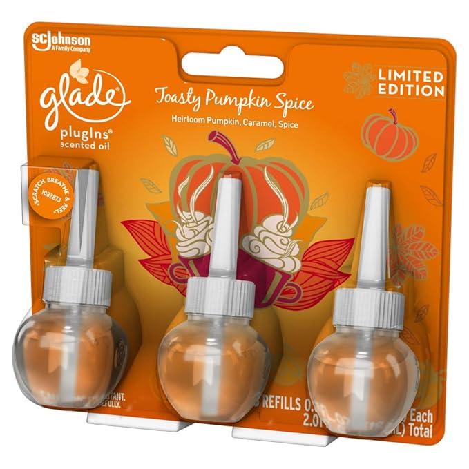 Glade PlugIns Refills Air Freshener Scented and Essential Oils for Home and Bathroom Toasty Pumpkin Spice 2.01 Fl Oz 3 Count