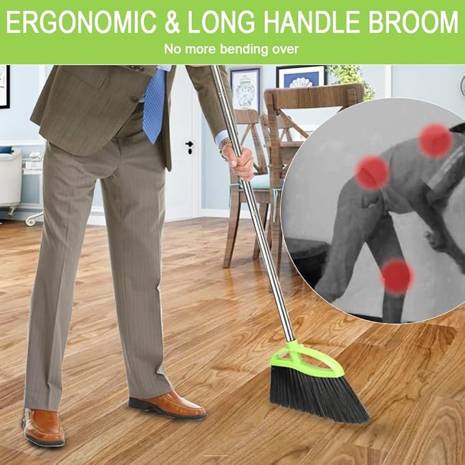 Soft Bristles Green Angle Broom and Dustpan Set Long Handle Household Indoor Broom with Dustpan Combo Set for Room Kitchen Lobby Office Hardwood Floor Sweeping Floor Cleaning