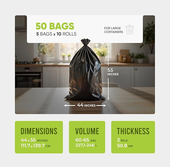 Ultra-Strong Trash Bags 44x55 Inches 2 Mils Thick 50 Count – Heavy Duty Black Garbage Bags with Star Seal Bottom 65 Gallon Capacity