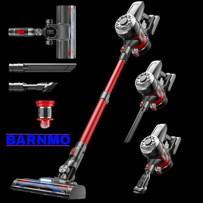 Cordless Stick Vacuum Red 45 Min Runtime LED Headlights 2-Speed Telescopic Tube with Main Vacuum Brush Crevice Tool dust Brush Removable-Rechargeable Battery Pack with Charging Cord
