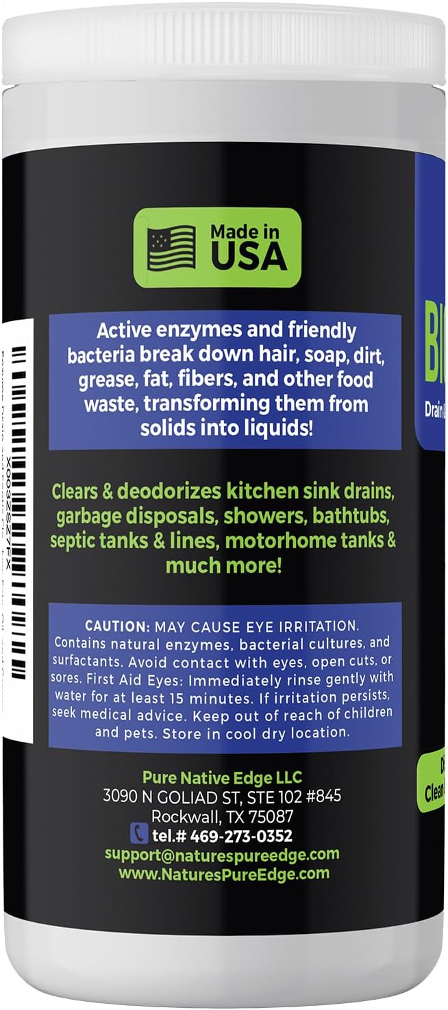 Enzyme Drain and Septic Cleaner and Friendly Bacteria Booster. Extra Large 2 lb. Deodorizes and Unclogs Pipes - Septic Tanks - RV Tanks-and More. No Caustic Chemicals! Dissolves Fats Oil and Grease.