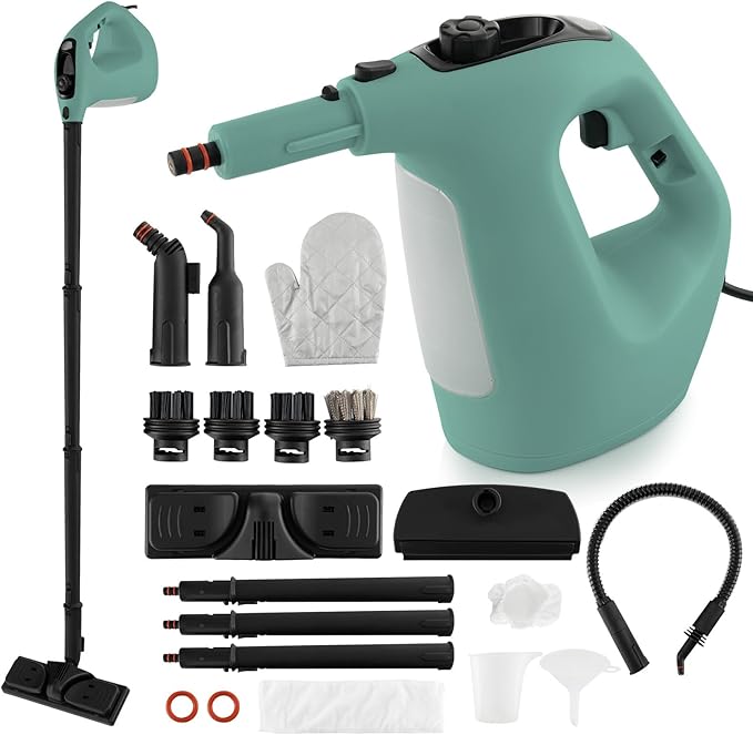 COSTWAY Handheld MultiPurpose Steam Cleaner with 17 Pieces 350ml Large Capacity Steam Mop Continuous Fill water Portable Chemical-Free Steamer for Home Use Floors Windows 1400W Green
