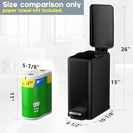 Slim Bathroom Trash Can with Lid Soft Close 2.6 Gallon Stainless Steel Garbage Can with Removable Inner Bucket Durable Step Pedal Small Trash Bins for Toilet Bedroom Kitchen Office