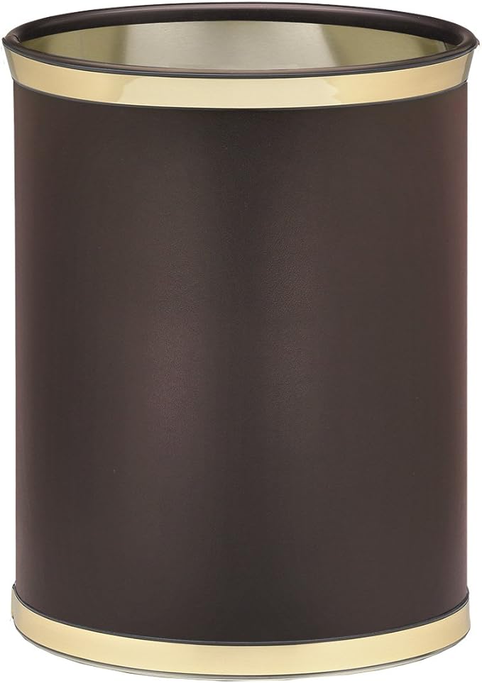 Kraftware Leatherette Wastebasket 14 Brown with Brass