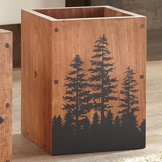 Black Forest Décor Pine Forest Wood Waste Basket – 12”H Rustic Bathroom Trash Can with Pine Tree Cutouts – Made in USA