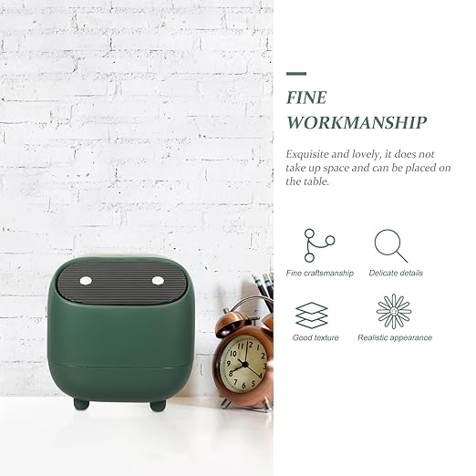 Zerodeko Creative Mini Desktop Trash Can with Press Lid Green Compact Rubbish Container for Office and Home Use Covered Small Wastebasket for Tabletop Organization