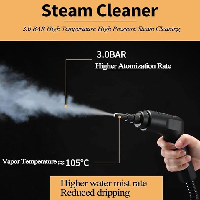 2500W Handheld Steam Cleaner Portable Steam Cleaner 1600ML 3 Gear Adjustable for Cleaning Upholstery Bathroom Grout and Tiles Car Detailing Yellow and Black