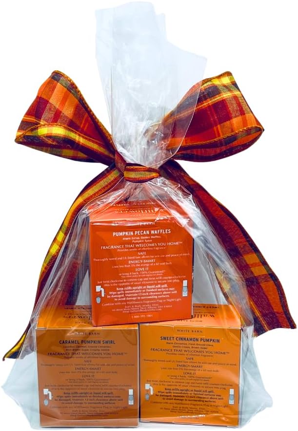 Bath &amp Body Works Wallflowers Refills FALL PUMPKIN Collection 3-Fragrance Bundle with 40-Inch Autumn Plaid Ribbon Bow – Pumpkin Pecan Sweet Cinnamon &amp Caramel Swirl (2-Pack Each)