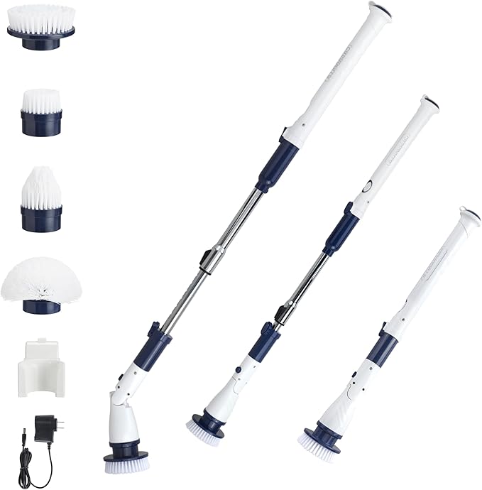 Casabella Power Spin Scrubber Extendable to 47.5” – Cordless Electric Cleaner for Shower Kitchen Bathroom Tile Tub Car Deck - Rechargeable Spin Brush with Adjustable Brush Head &amp 4 Attachme